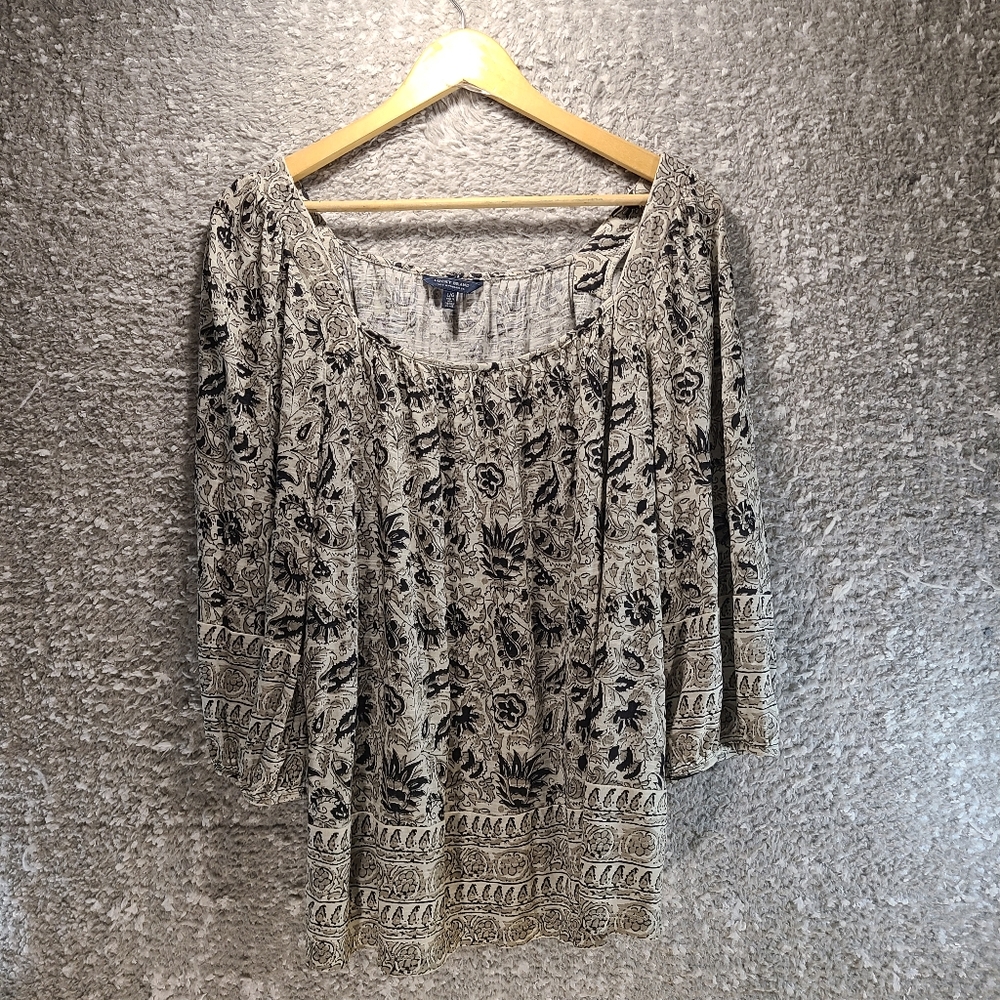 Lucky Brand Boho Blouse Womens L Floral Square Neck 3/4 Ballon Sleeve Viscose